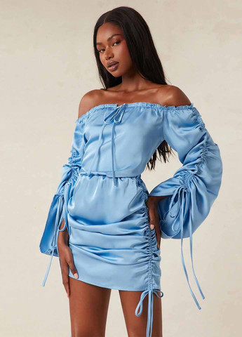 Голубое вечернее, кэжуал платье с открытыми плечами SHEIN однотонное