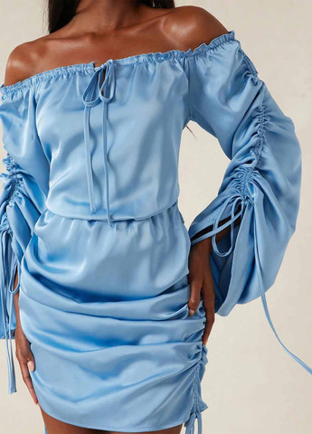 Голубое вечернее, кэжуал платье с открытыми плечами SHEIN однотонное