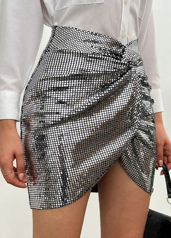 Серебряная вечерний с геометрическим узором юбка SHEIN на запах