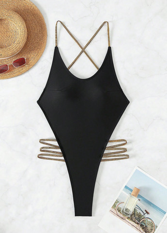 Черный летний купальник слитный SHEIN