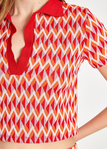 Красная женская футболка-поло KOTON с геометрическим узором