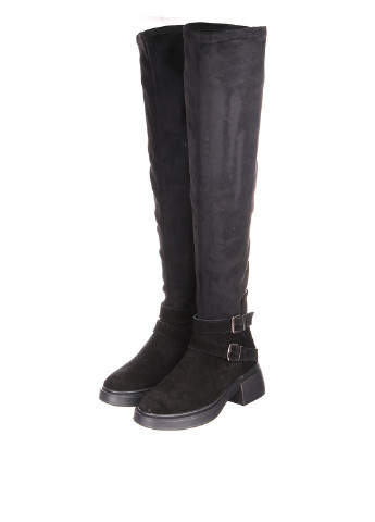 Женские черные сапоги ботфорты Kluchini с пряжкой и на среднем каблуке
