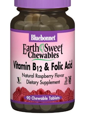 Витамин В12 и Фолиевая кислота, Вкус Малины, Earth Sweet Chewables,, 90 жевательных таблеток Bluebonnet Nutrition (228292298)