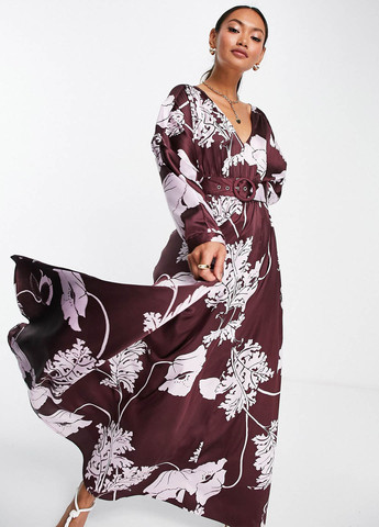 Бордовое кэжуал платье клеш Asos с цветочным принтом