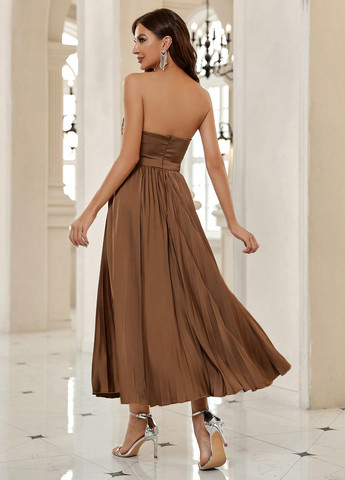 Коричневое вечернее платье плиссированное SHEIN однотонное