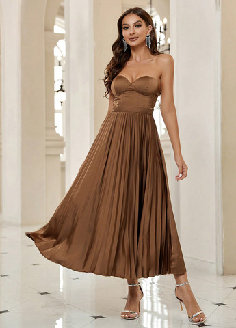 Коричневое вечернее платье плиссированное SHEIN однотонное