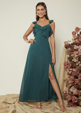 Темно-бирюзовое праздничный платье клеш SHEIN однотонное