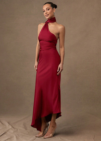 Вишневое праздничный, коктейльное, вечернее платье силуэтная SHEIN однотонное