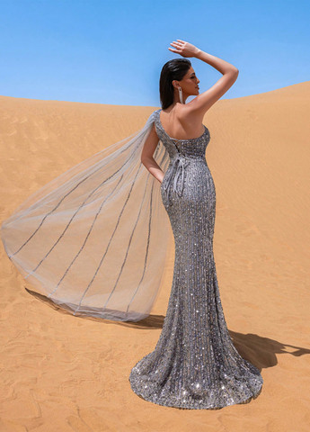 Серое вечернее платье годе, платье-кейп, на одно плечо SHEIN однотонное