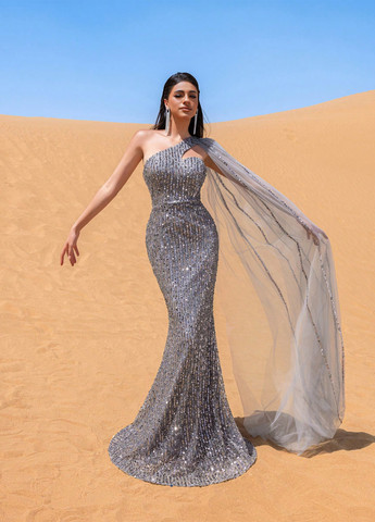 Серое вечернее платье годе, платье-кейп, на одно плечо SHEIN однотонное