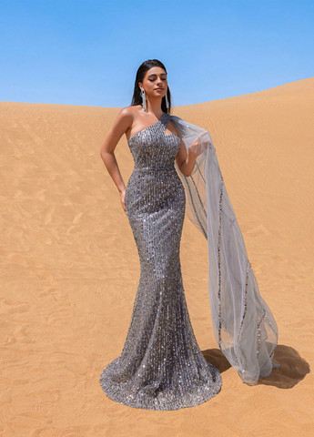 Серое вечернее платье годе, платье-кейп, на одно плечо SHEIN однотонное