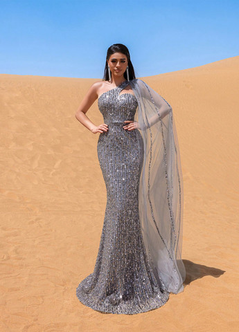 Серое вечернее платье годе, платье-кейп, на одно плечо SHEIN однотонное