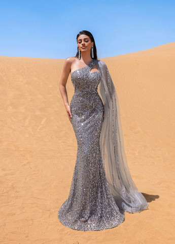 Серое вечернее платье годе, платье-кейп, на одно плечо SHEIN однотонное