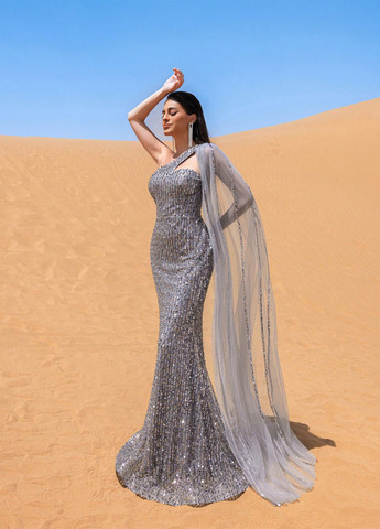 Серое вечернее платье годе, платье-кейп, на одно плечо SHEIN однотонное