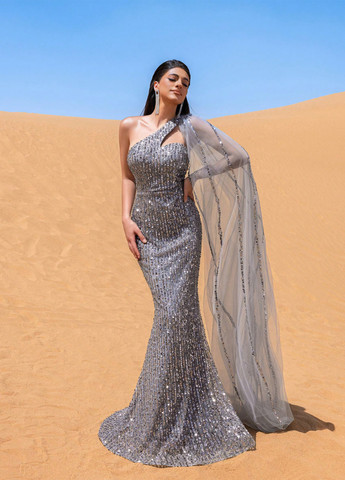 Серое вечернее платье годе, платье-кейп, на одно плечо SHEIN однотонное