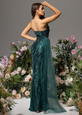 Смарагдова вечірня сукня з відкритими плечима, зі шлейфом SHEIN однотонна