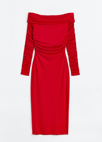 Красное кэжуал, вечернее, коктейльное платье с открытыми плечами H&M однотонное