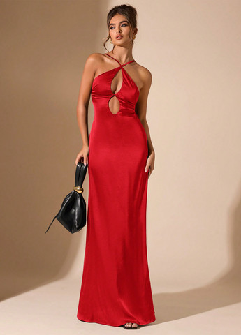 Червона вечірня сукня годе, з відкритими плечима, з відкритою спиною SHEIN однотонна