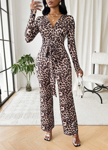 Комбинезон SHEIN комбинезон-брюки леопардовый комбинированный кэжуал полиэстер