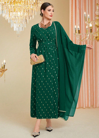 Зеленое праздничный, вечернее платье SHEIN с абстрактным узором