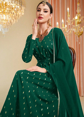 Зеленое праздничный, вечернее платье SHEIN с абстрактным узором