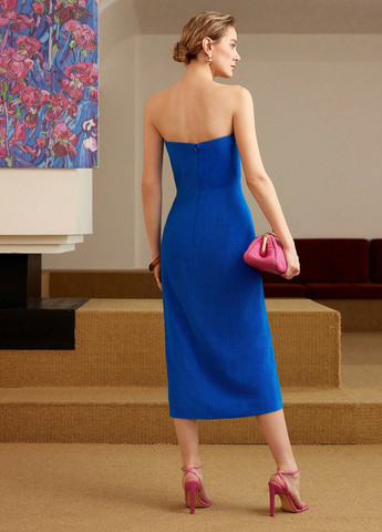 Синее кэжуал, коктейльное платье бандо SHEIN однотонное