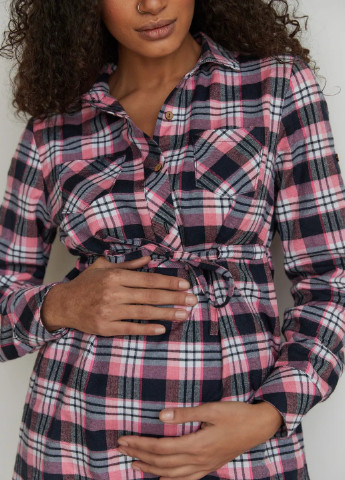 Комбинированное кэжуал платье - рубашка в клетку розовое для беременных и кормящих мам хлопковое рубашка To Be в клетку