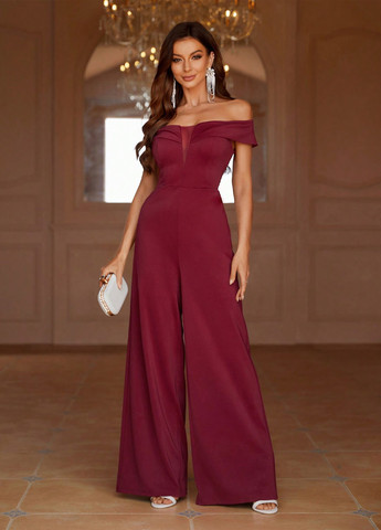 Комбинезон SHEIN однотонный бордовый коктейльный, вечерний полиэстер