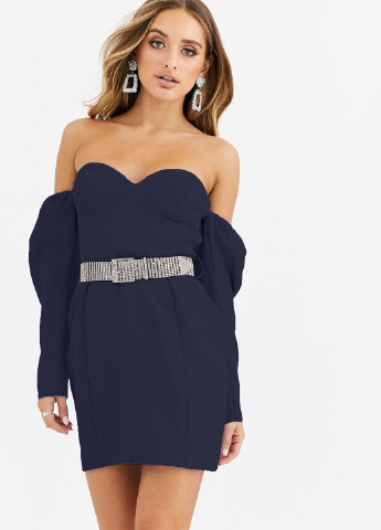 Темно-синя коктейльна плаття, сукня з відкритою спиною, з відкритими плечима Missguided однотонна