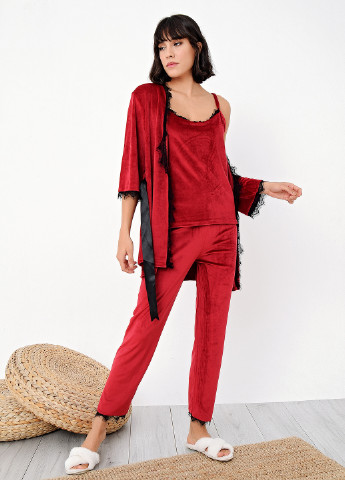 Темно-червоний демісезонний комплект (халат, майка, штани) ECROU