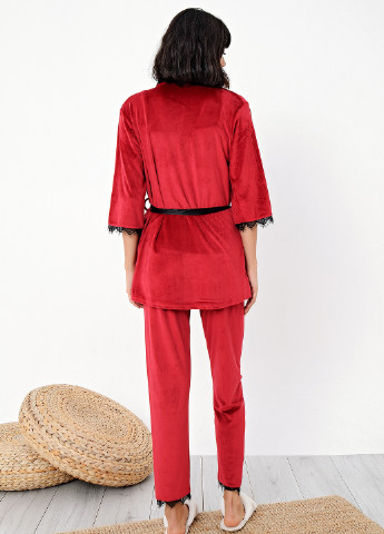 Темно-червоний демісезонний комплект (халат, майка, штани) ECROU