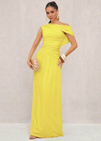 Жовтий святковий сукня кльош, з відкритими плечима SHEIN однотонна