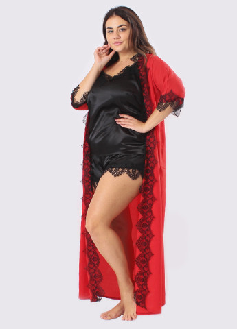 Червоний демісезонний комплект (топ, шорти, халат) Ghazel