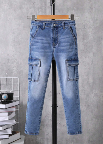 Голубые демисезонные карго джинсы SHEIN