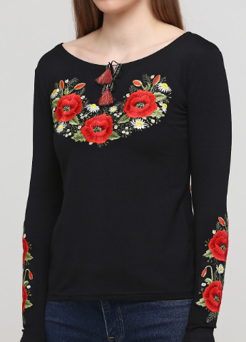 Женская вышитая футболка с длинным рукавом Маковый цвет черная Melanika (250206197)