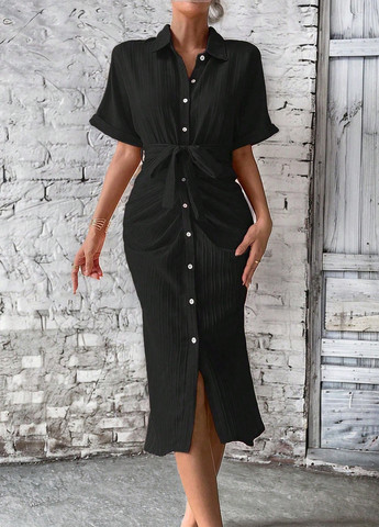 Черное кэжуал платье рубашка SHEIN однотонное