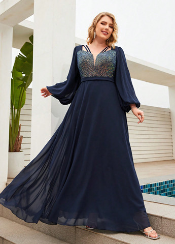 Темно-синее вечернее платье в стиле ампир SHEIN однотонное