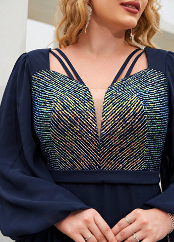 Темно-синее вечернее платье в стиле ампир SHEIN однотонное