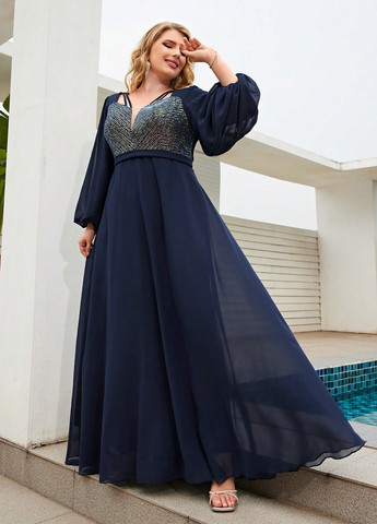 Темно-синее вечернее платье в стиле ампир SHEIN однотонное