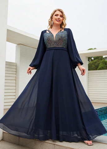 Темно-синее вечернее платье в стиле ампир SHEIN однотонное