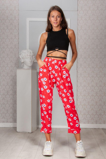 Женские брюки укороченные красные в цветочек 314900 New Trend (255401255)