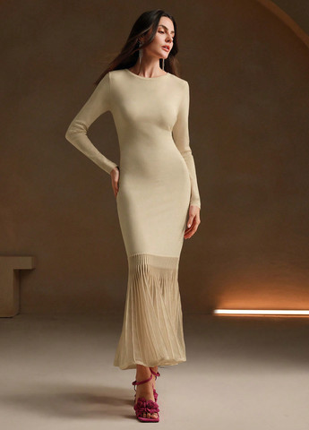 Бежевое кэжуал платье плиссированное, платье-свитер SHEIN однотонное