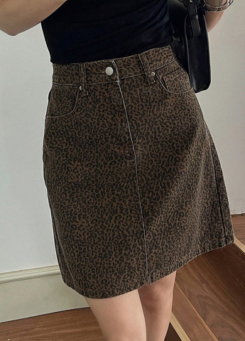Коричневая джинсовая, кэжуал леопардовая юбка SHEIN а-силуэта (трапеция)