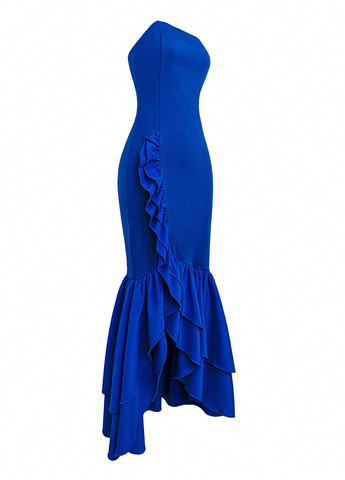 Синее вечернее платье годе, бандо, с открытыми плечами, с открытой спиной SHEIN однотонное