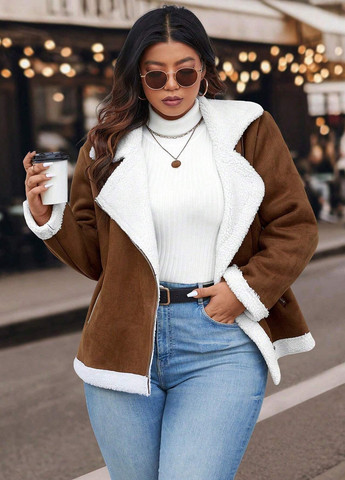 Коричневая зимняя куртка косуха SHEIN