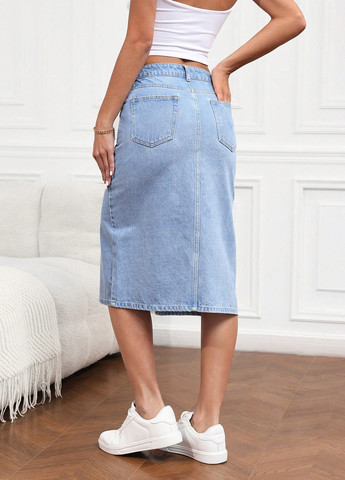 Голубая джинсовая, кэжуал однотонная юбка SHEIN а-силуэта (трапеция)