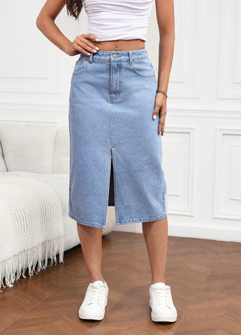 Голубая джинсовая, кэжуал однотонная юбка SHEIN а-силуэта (трапеция)