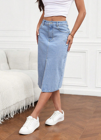 Голубая джинсовая, кэжуал однотонная юбка SHEIN а-силуэта (трапеция)