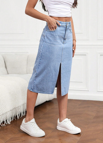Голубая джинсовая, кэжуал однотонная юбка SHEIN а-силуэта (трапеция)
