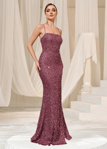 Лілова вечірня сукня годе, з відкритою спиною SHEIN однотонна